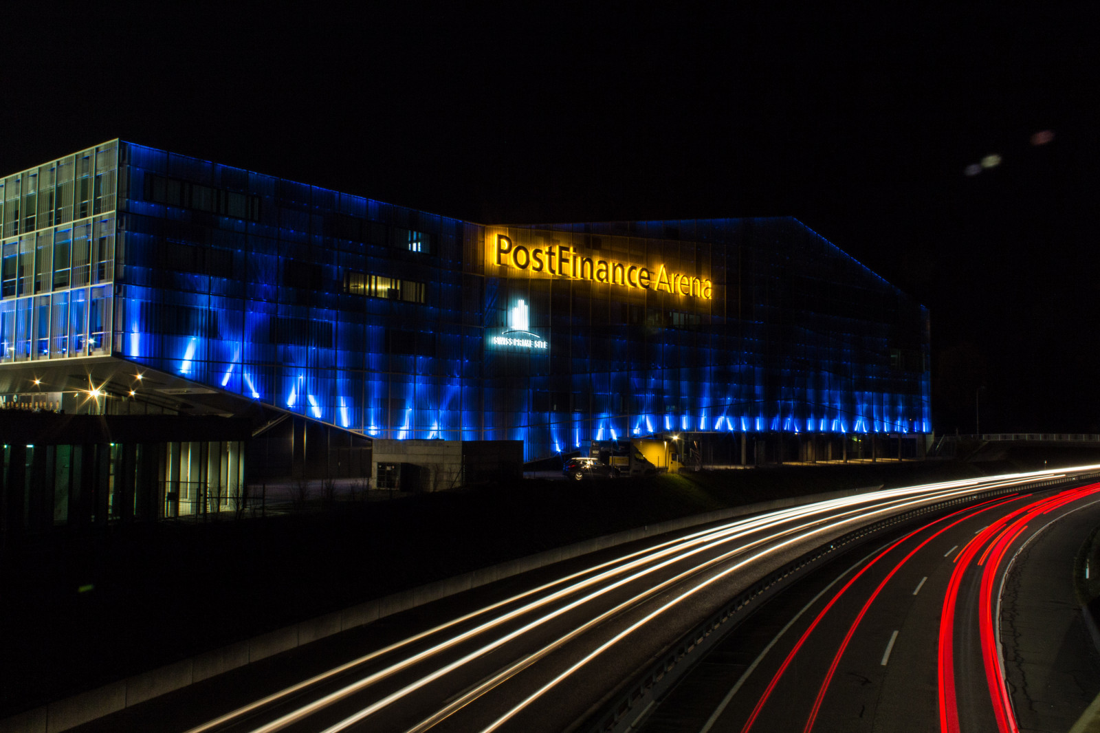longexposure, tělesné, černobílý, noc, temný, světla, Švýcarsko, Černá bílá, Dálnice, Bern, lightstreams, traffictrails, Postfinance, 2015, cartrails, Postfinancearena, Traifclights