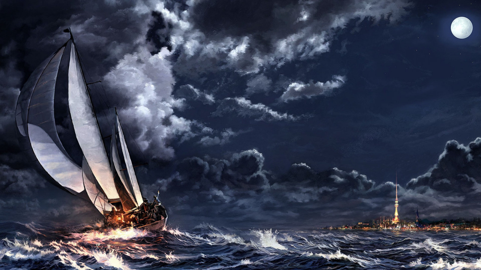Wallpaper : painting, sailing ship, sea, cityscape, night, vehicle ...