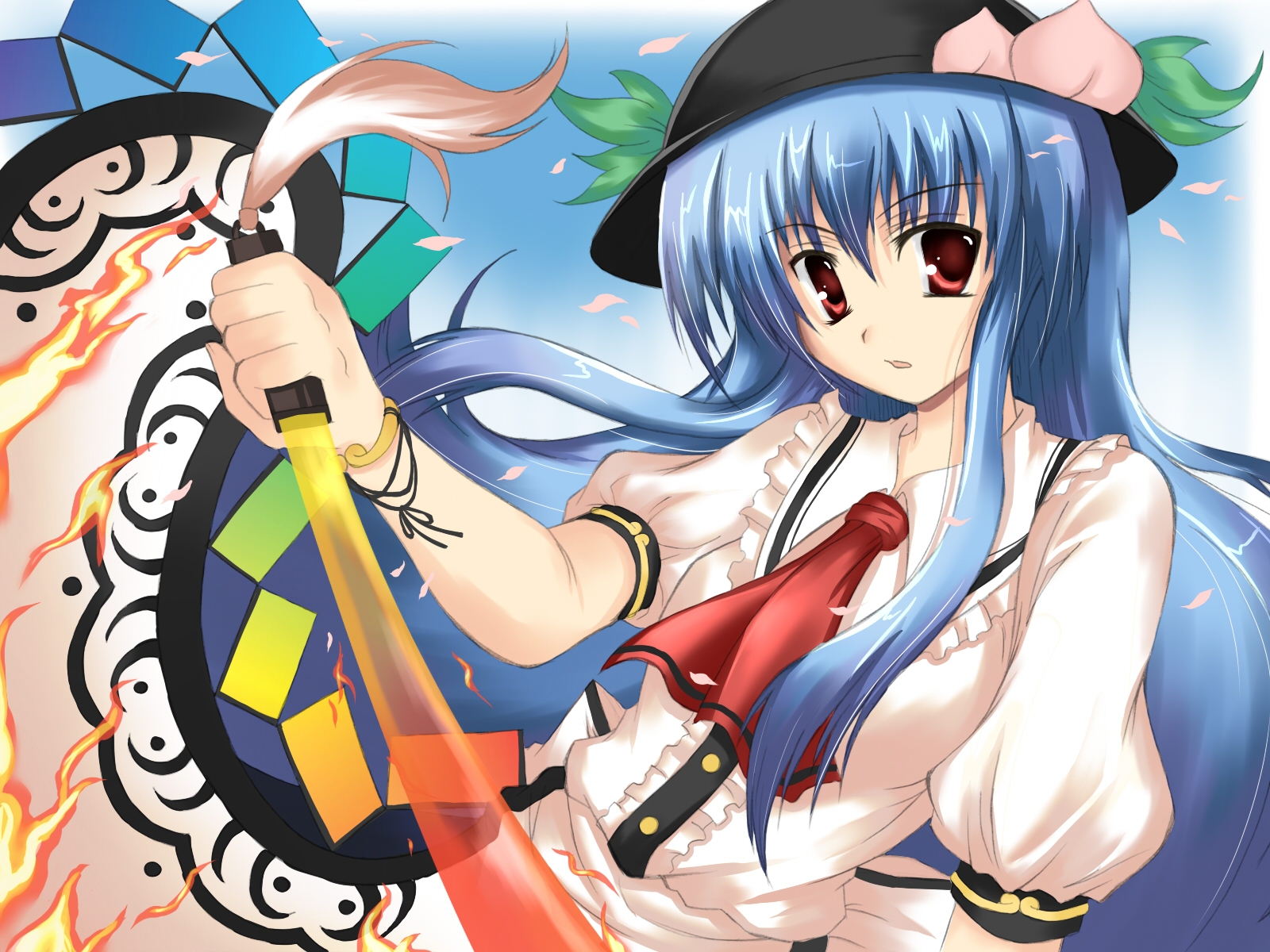 ilustrace, anime, čepice, umělecká díla, kreslená pohádka, meč, Hinanawi Tenshi, dívka, plamen, mangaka, Nozomi Tsubame