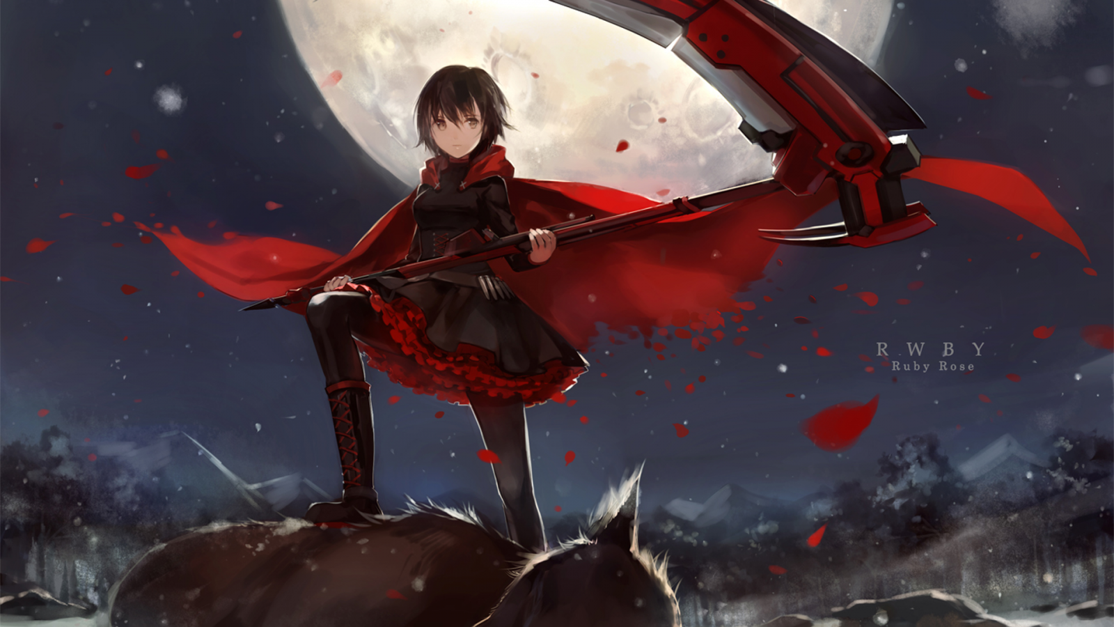 ilustrace, hory, noc, anime, anime dívky, nebe, zima, zbraň, šaty, Měsíc, RWBY, vlk, kosa, Ruby Rose charakter, Snímek obrazovky, počítač tapeta, fiktivní postava, vesmír