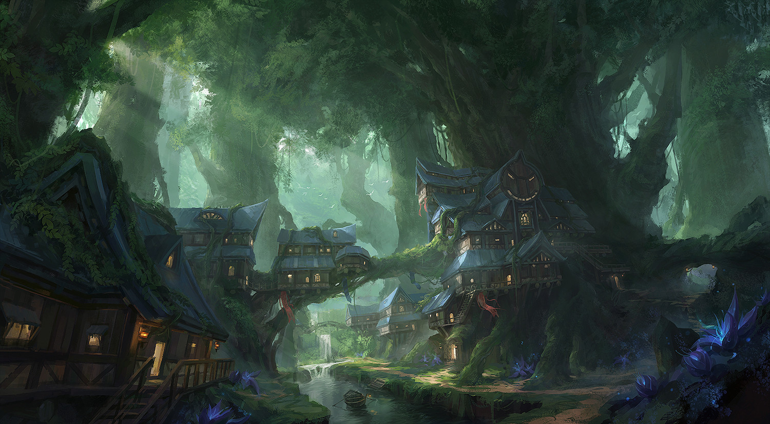 Wallpaper : tree house, forest, digital art, fantasy art, stream, river
