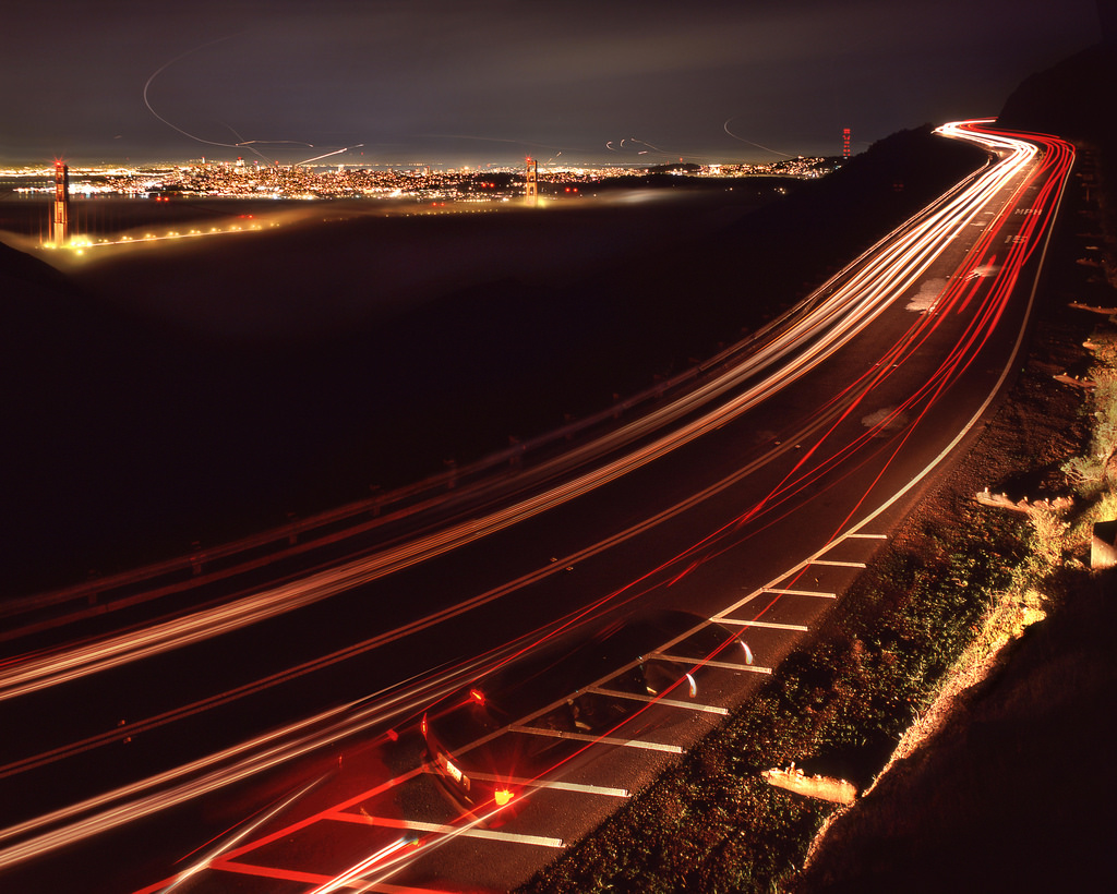 mørk, hav, by, gade, nat, vej, skyline, aften, bro, hovedvej, skumring, stadion, lav, infrastruktur, vinkel, San, striber, lys, tåget, gylden, tåge, bred, biler, stier, Port, Francisco, film, mørke, Velvia, Provia, helt vildt, til, fotografer, tårne, marin, forageren, RZ67, ggnra, E100, conzelman