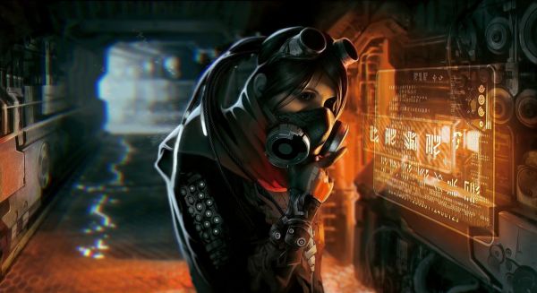 digital art, women, cyberpunk, gas masks, render, futuristic