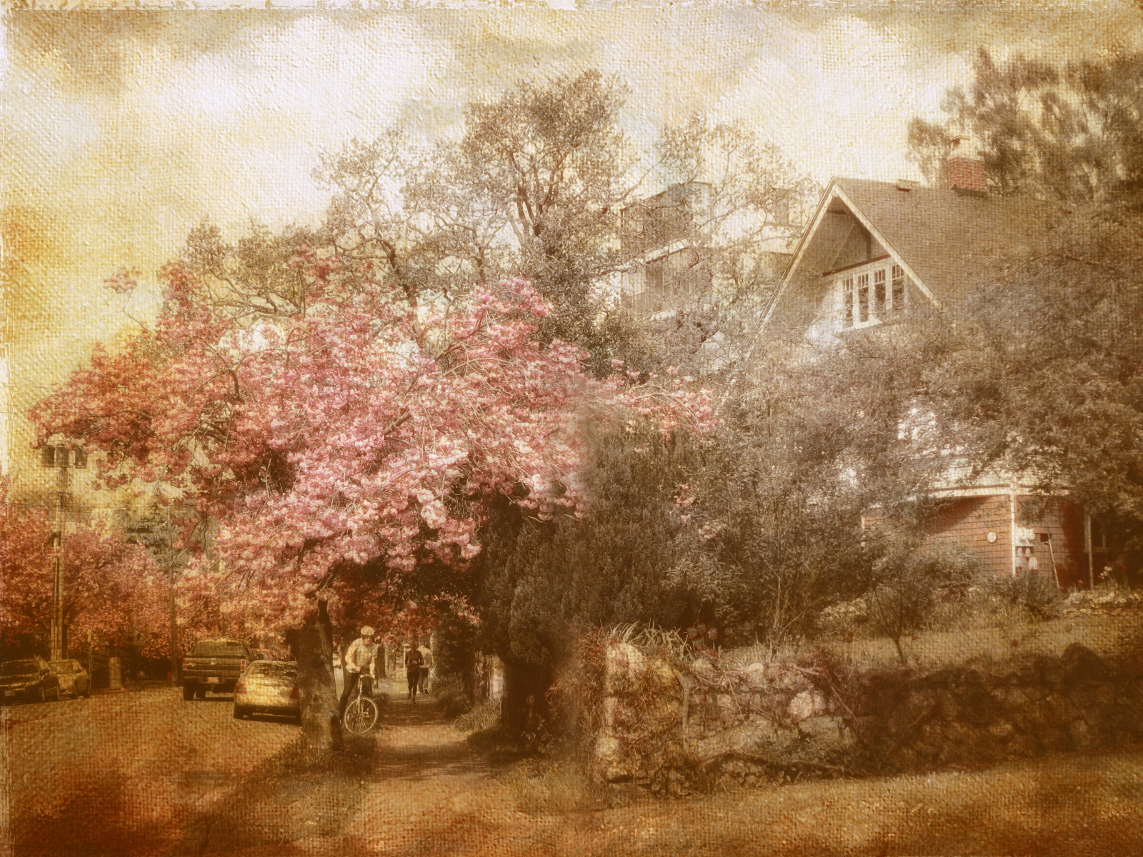 slunečnímu záření, krajina, malování, nebe, větev, Dům, dějiny, textura, květ, jaro, UMĚNÍ, strom, podzim, sakura, malovat, victoriabc, akvarel barvy, impresionista, sakurahanami, stock photography, visual arts