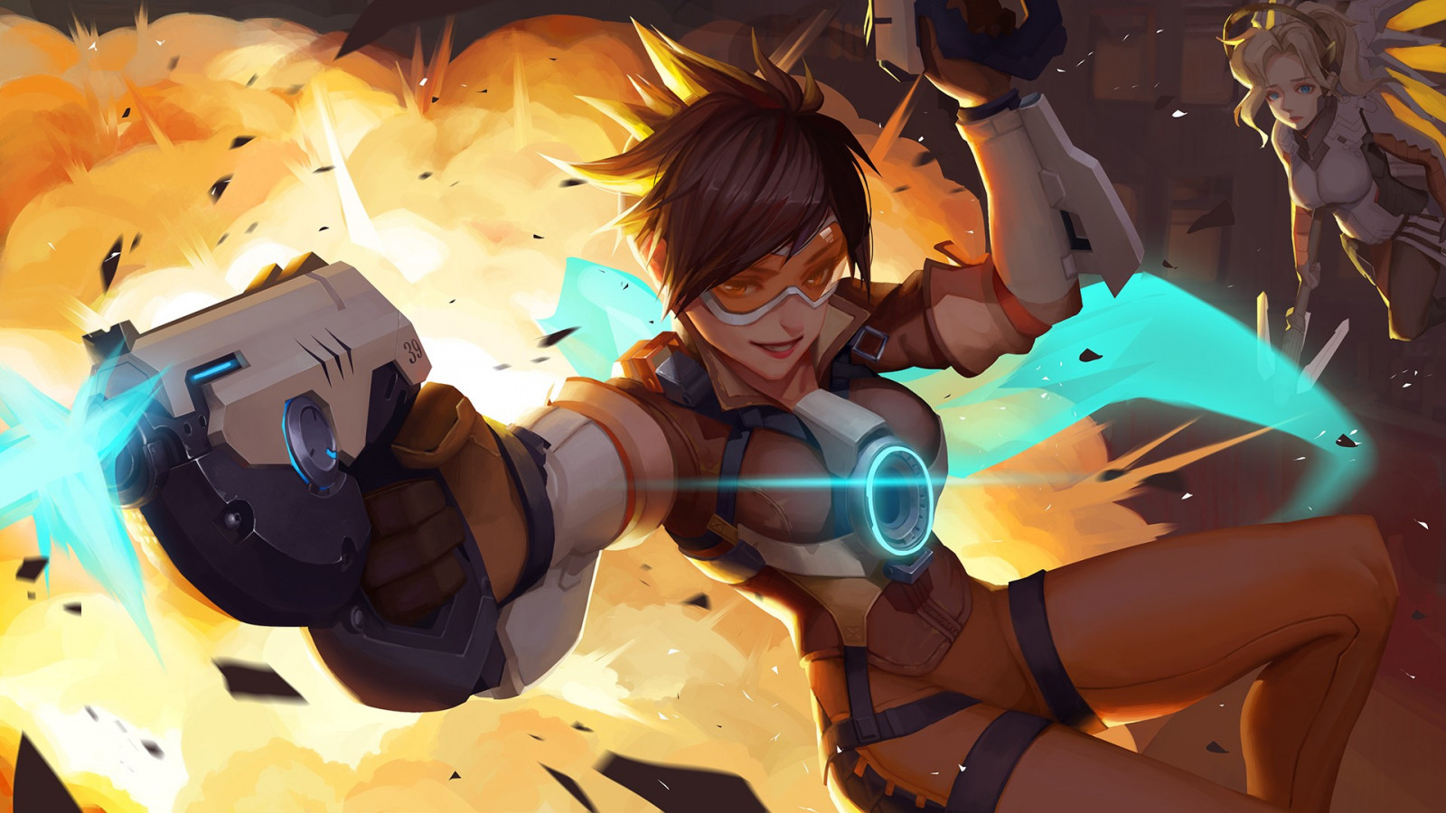 illustration, kanon, blond, anime, kort hår, brunette, vinger, våben, tegneserie, Mercy Overwatch, Overwatch, Tracer Overwatch, bodysuit, tegneserier, skærmbillede