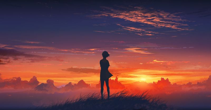 slunečnímu záření, západ slunce, anime, anime dívky, nebe, silueta slunečnímu záření, západ slunce, anime, anime dívky, nebe, silueta