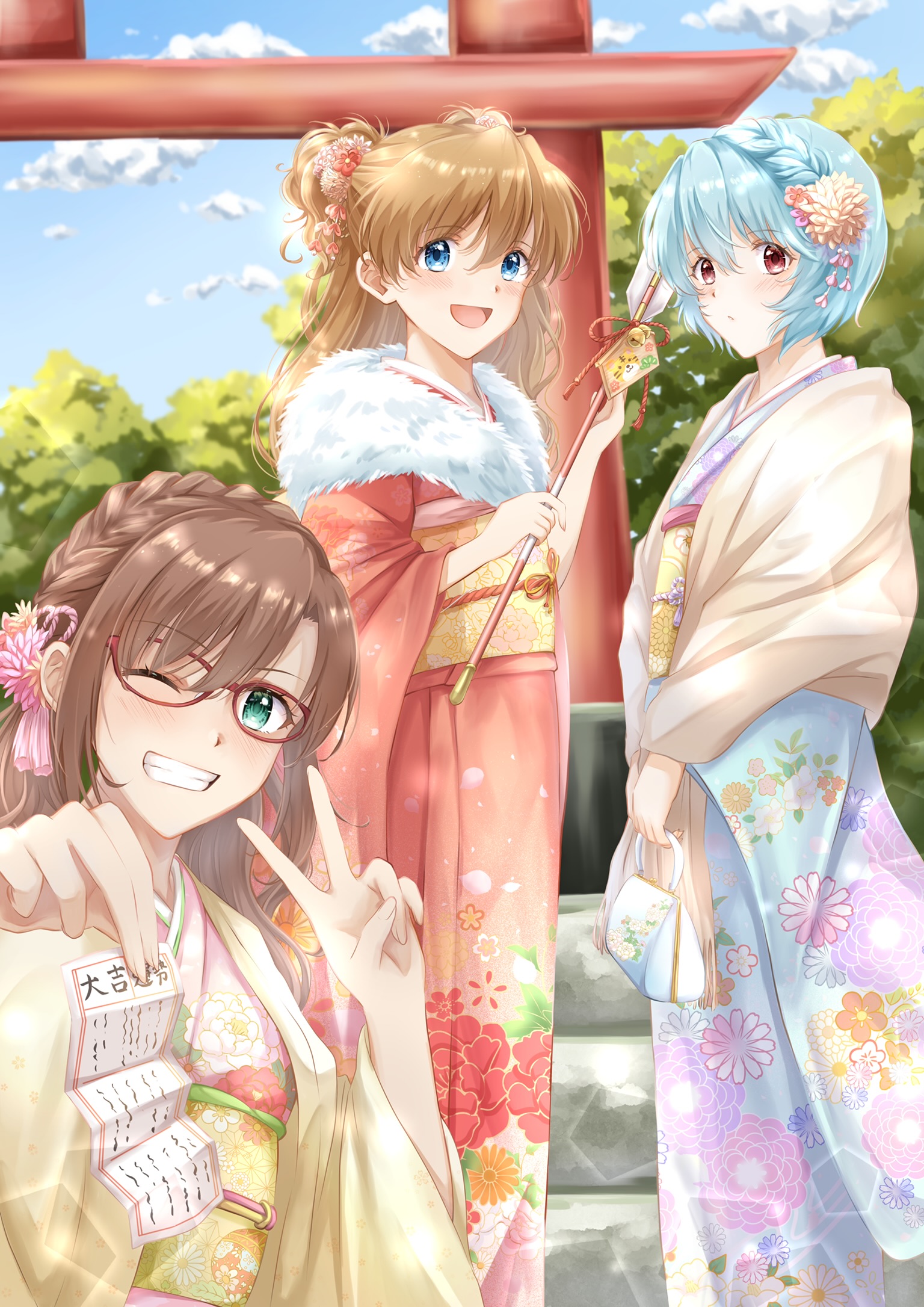 anime, Anime piger, Super Robot Taisen, Rebuild of Evangelion, Neon Genesis Evangelion, Ayanami Rei, Asuka Langley Soryu, Makinami Mari Illustrious, langt hår, kort hår, twintails, Blåt hår, rødhåret, brunette, kunstværk, Digital kunst, fan kunst