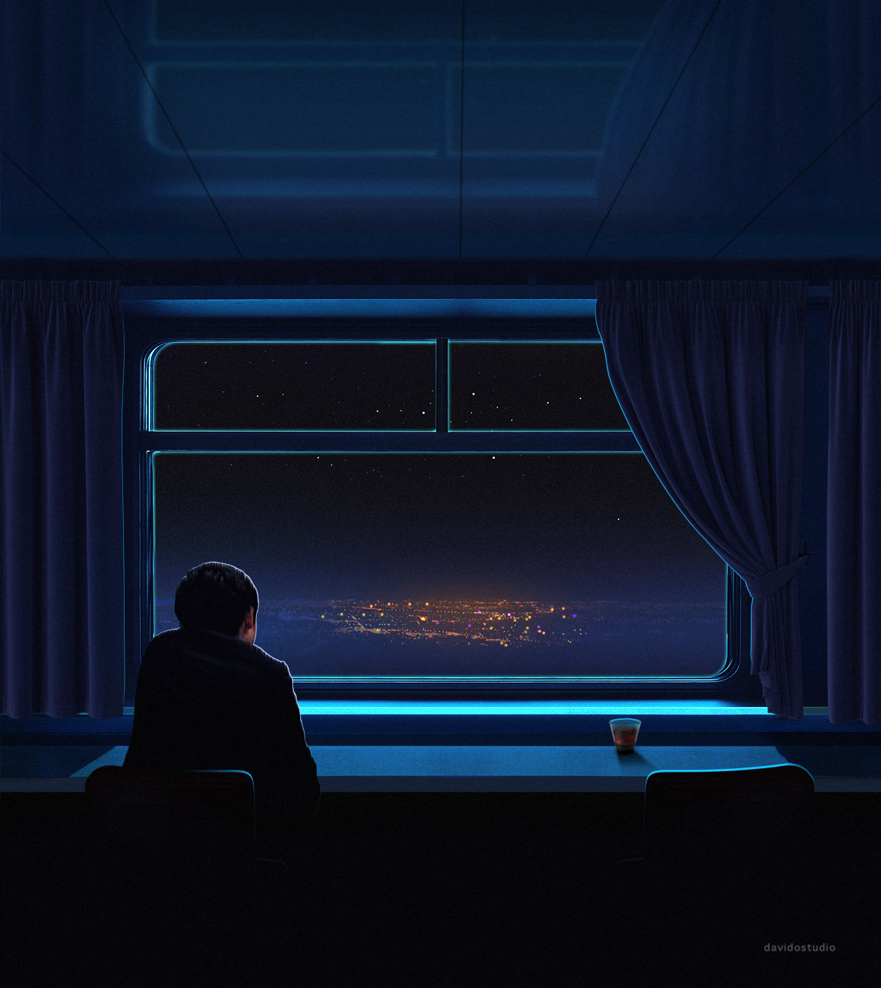 umělecká díla, digitální umění, světla města, pokoj, místnost, záclony, okno