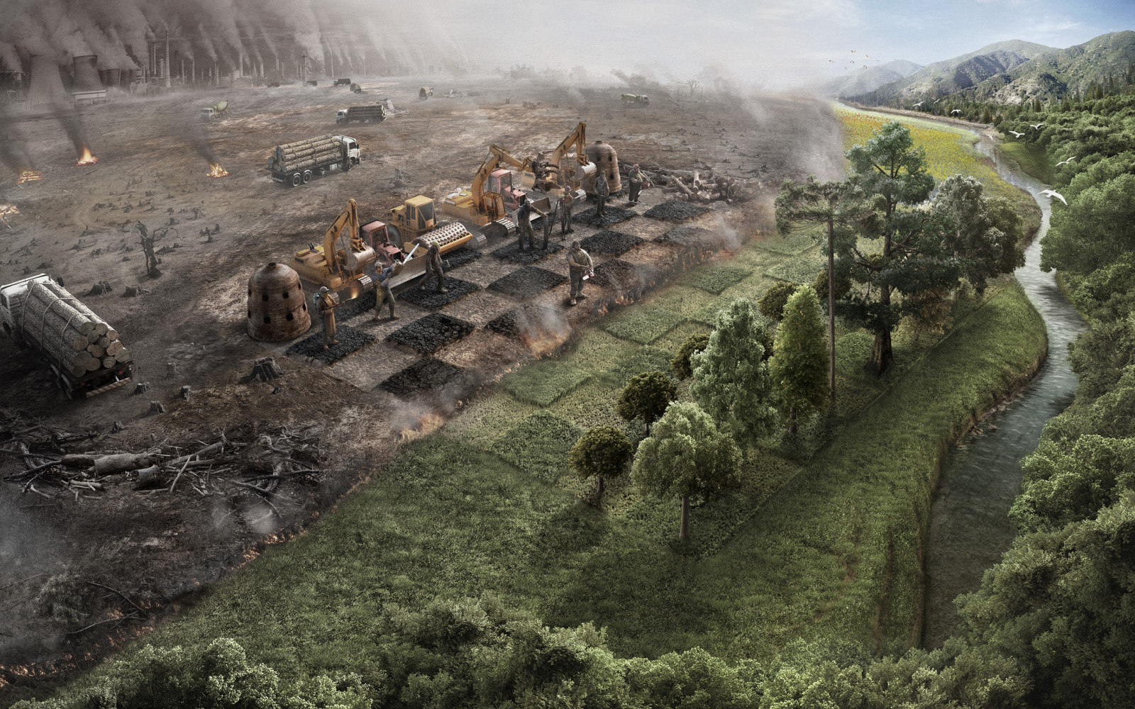 digitální umění, Příroda, vozidlo, šachy, Terén, Snímek obrazovky, letecké snímkování, geologický fenomén