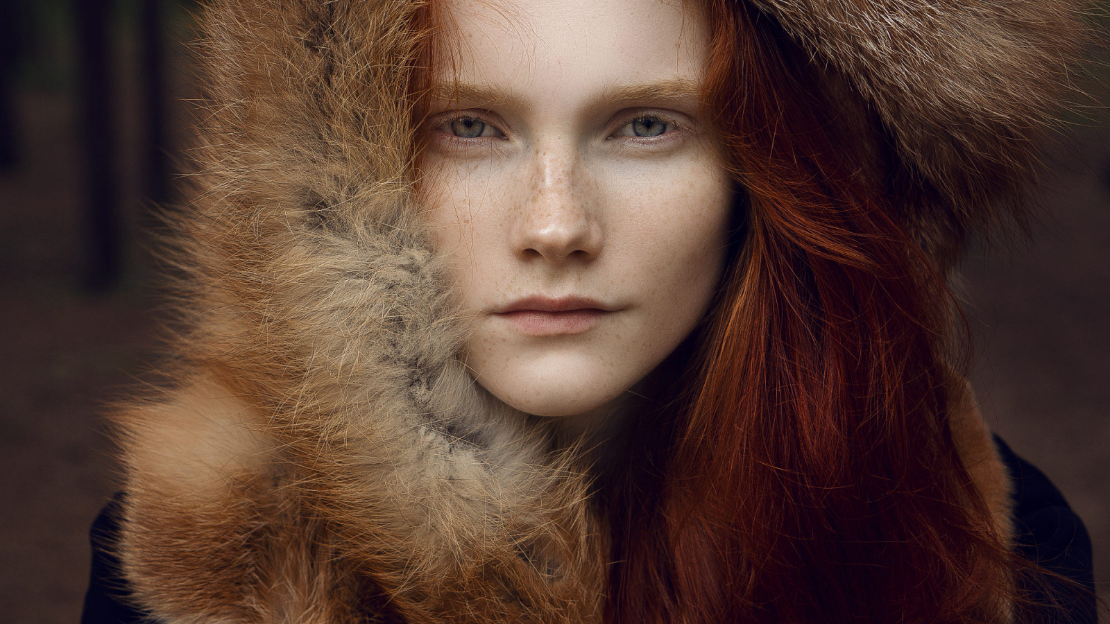 donne, testa Rossa, pelliccia, occhi blu, lentiggini, ritratto, capelli lunghi, viso, bokeh, avvicinamento