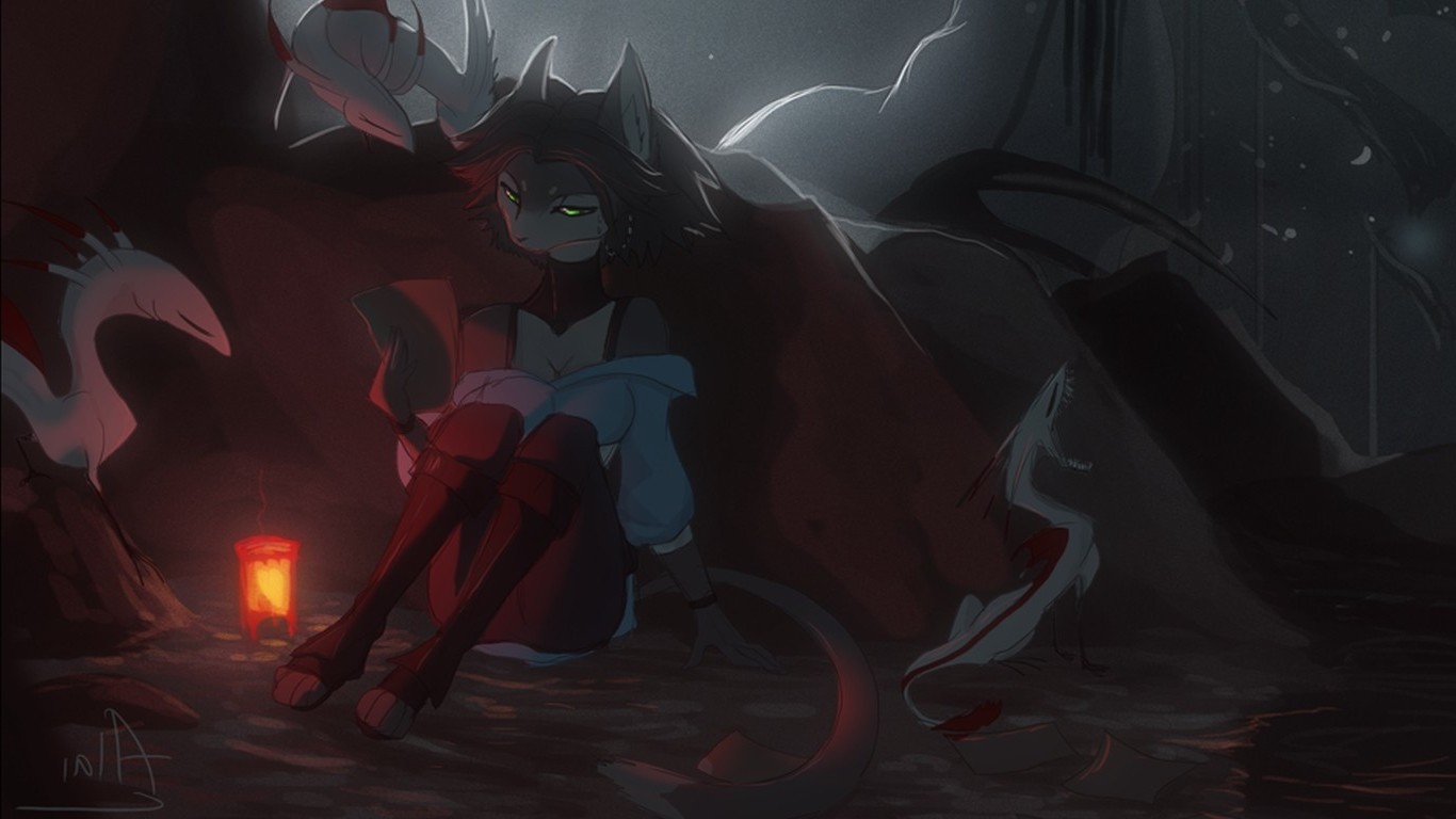 ilustrace, srstnatý, Anthro, démon, tma, Snímek obrazovky, 1366x768 px, počítač tapeta, fiktivní postava