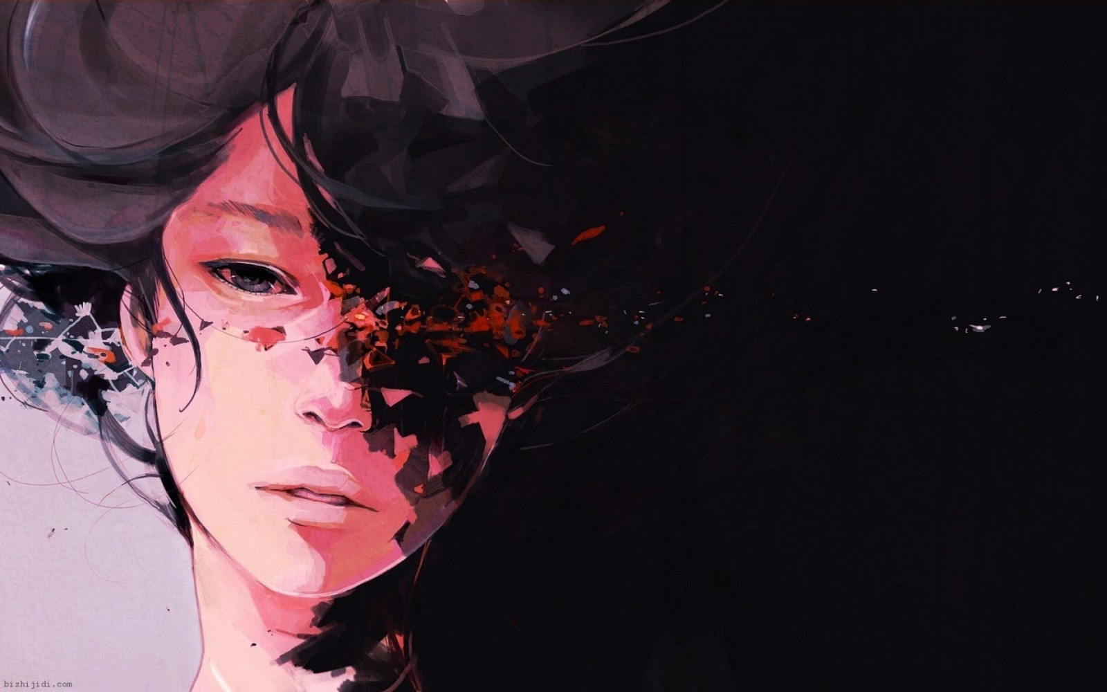 visage, noir, femmes, portrait, Anime, rouge, ouvrages d'art, tête, Couleur, Dame, obscurité, costume