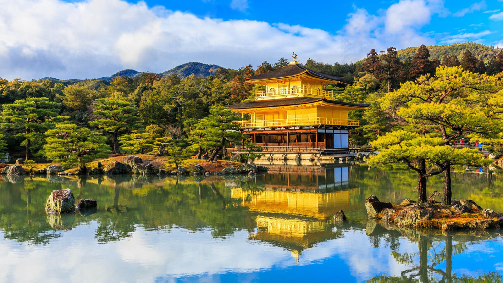 des nuages, des roches, Lac, réflexion, des arbres, water ripples, Montagnes, ciel, Architecture asiatique, architecture, pavillon, Kinkaku ji, Kyoto, Japon