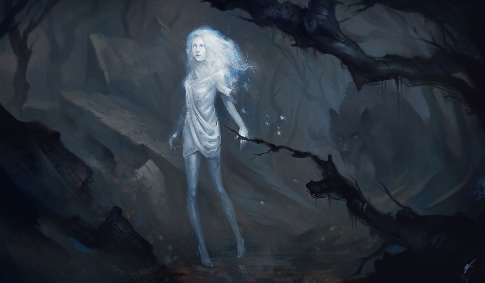 ghost, women, Dark Place, wolf, trees, rocks, drawing