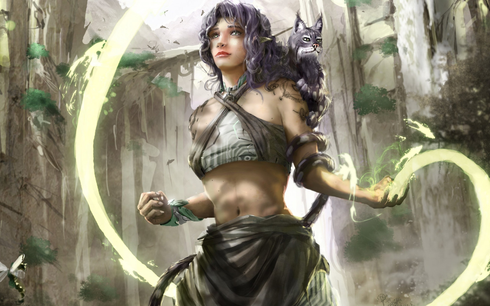 2880x1800 piksel, SANAT, kedi, Elf, kız, Vaşak, Büyü