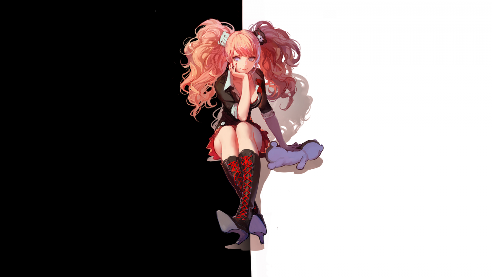 bílý, Černá, ilustrace, anime, anime dívky, plyšoví medvídci, Růžové vlasy, Danganronpa, Enoshima Junko, Hračka, Monobear, figurka