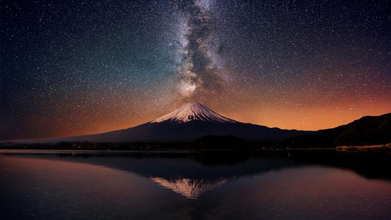 景观,山,湖,晚,星系,水