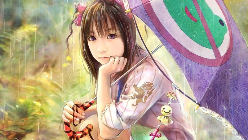 anime, anime dívky, krátké vlasy, bruneta, při pohledu na diváka, deštník anime, anime dívky, krátké vlasy, bruneta, při pohledu na diváka, deštník