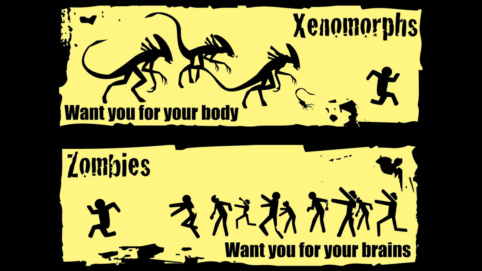 ilustrace, text, kreslená pohádka, Xenomorph, zombies, značka, font