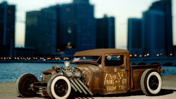 1920x1080 px,car,old car,Rat Rod,bokeh,cityscape