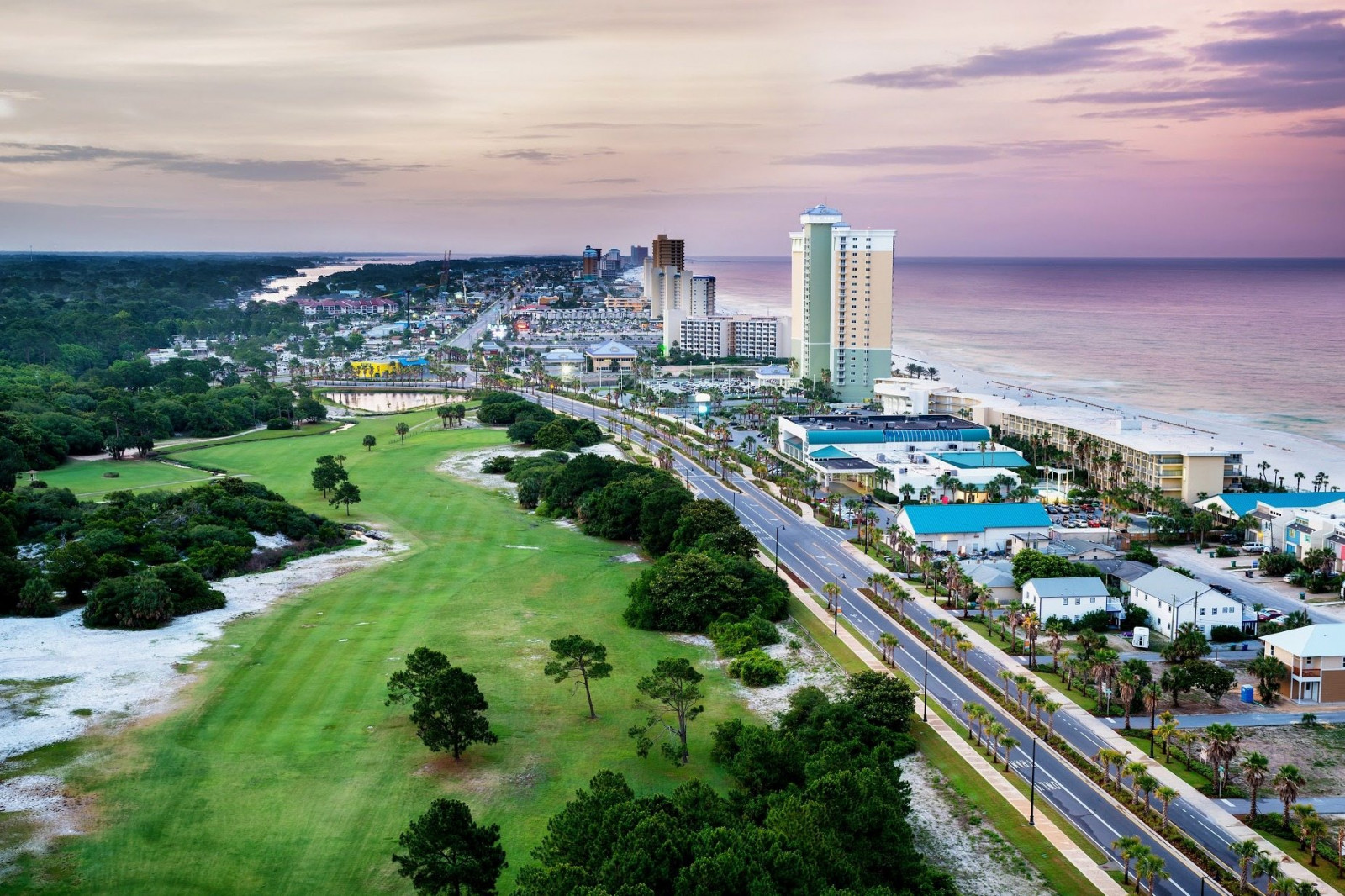Wallpaper aerial view, road, highway, clouds, trees, cityscape, sea