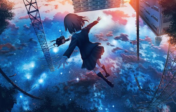 Kenzo 093, two women, clouds, school uniform, upside down, schoolgirl