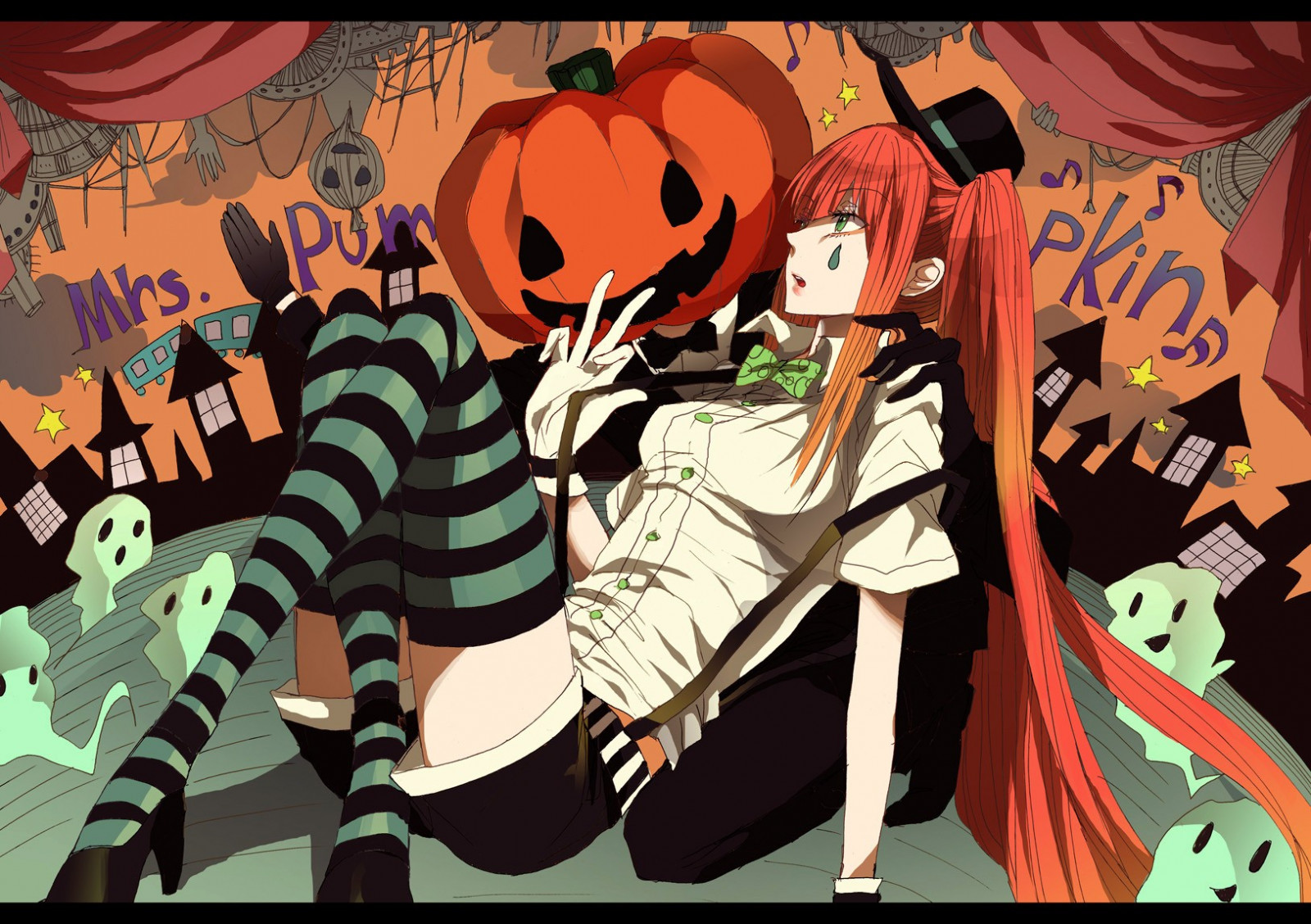 illustrazione, testa Rossa, anime, anime girls, occhi verdi, Halloween, zucca, cartone animato, Calze, Vocaloid, Hatsune Miku, twintails, i fumetti, scacchi, ARTE, fumetto