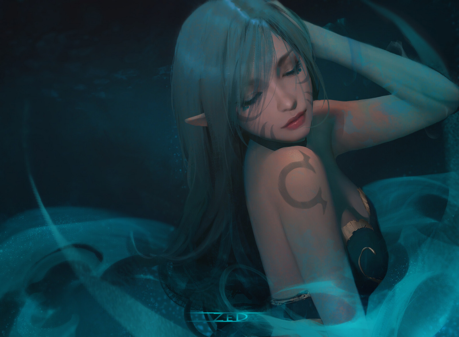 Trungbui, výkres, ženy, Zelené vlasy, zavřenýma očima, obličejová barva, portrét, modrý, fantasy umění, fantasy dívky, pointy ears