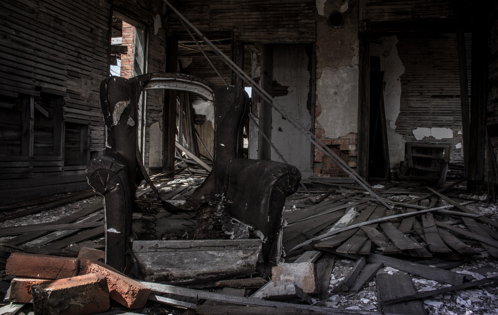 costruzione, camera, abbandonato, casa, sedia, cittadina, fantasma, decadimento, Nord, rurale, vita, oscurità, Dakota