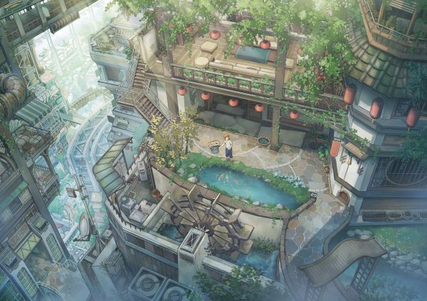 pond,house,Fantasy Architecture,fantasy art,stairs,building