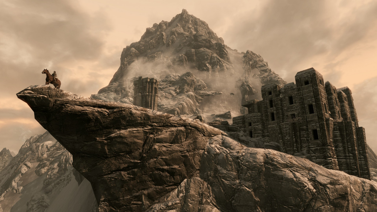 Wallpaper temple, rock, cliff, The Elder Scrolls V Skyrim, ruins, Terrain, mountain, landmark