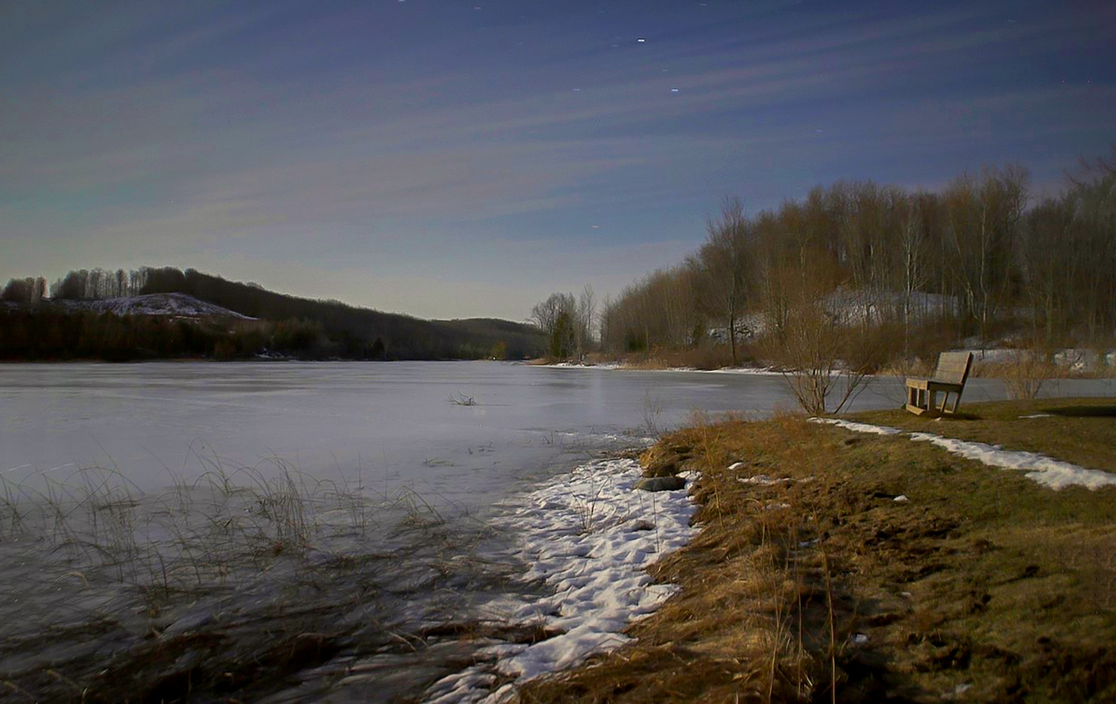 Wallpaper landscape, night, lake, shore, reflection, snow, winter