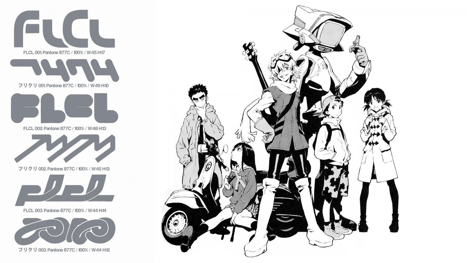 výkres, ilustrace, kreslená pohádka, FLCL, Haruhara Haruko, značka, skica, font