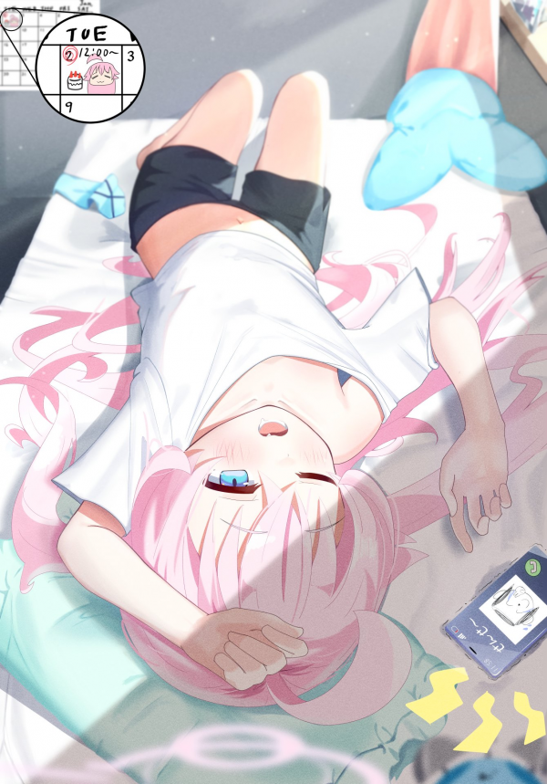 anime girls, Takanashi Hoshino Blue Archive, pink hair, video game characters, blue archive, lying down