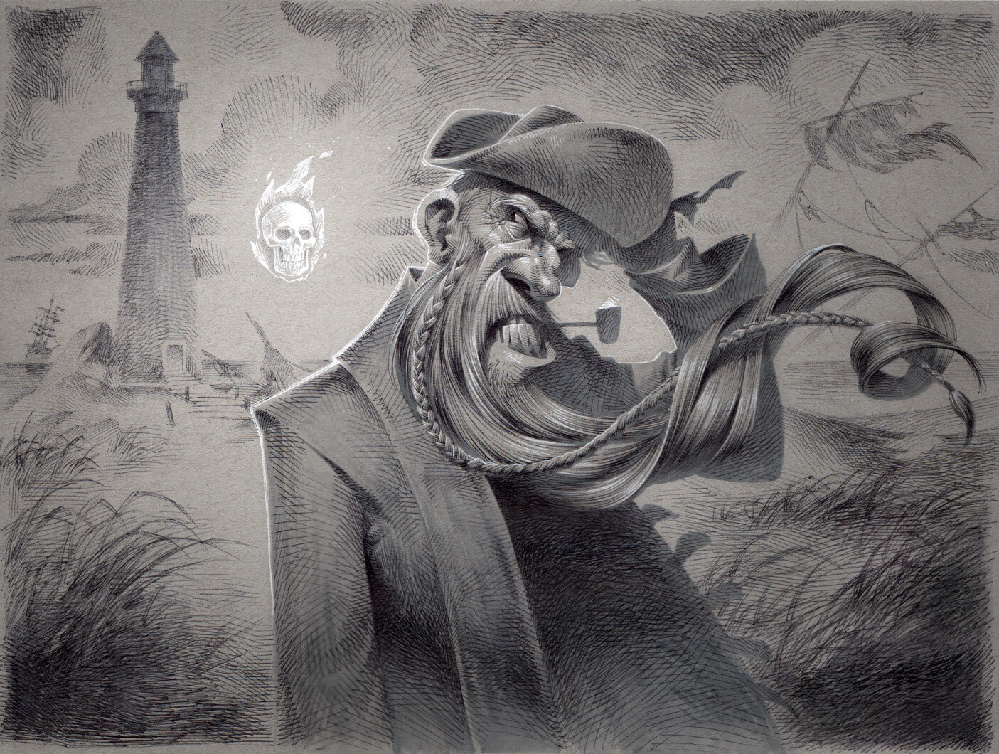 Kevin Keele, วาด, ขาวดำ, ผู้ชาย, ผี, หัวกะโหลก, หัวโล้น, หญ้า