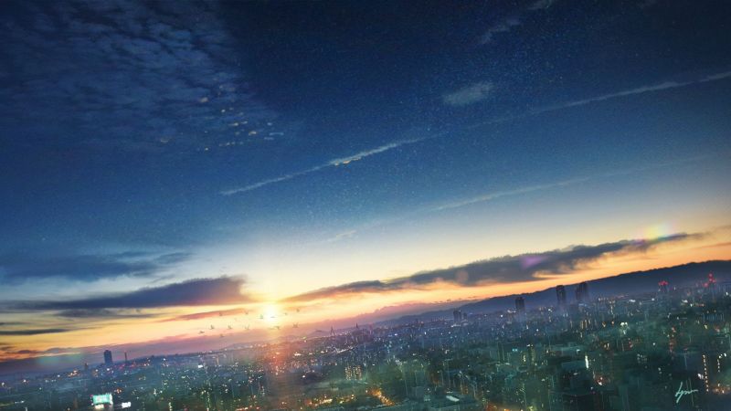slunečnímu záření, západ slunce, panoráma města, noc, anime, nebe slunečnímu záření, západ slunce, panoráma města, noc, anime, nebe