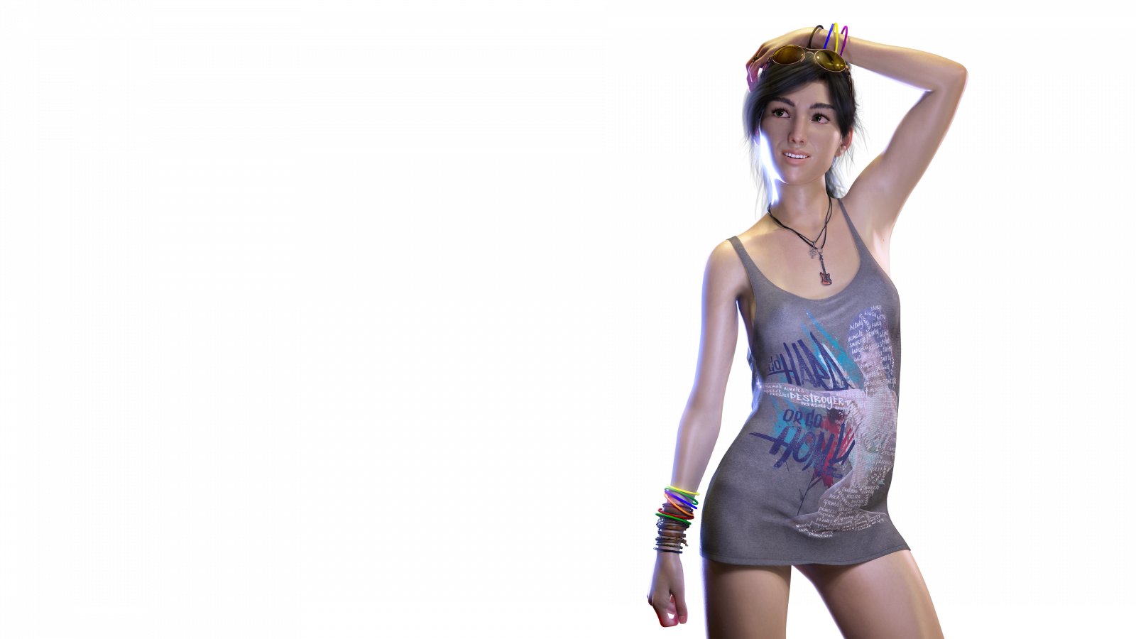 Kev Art, Sakirah Rodaun, kytara, černé vlasy, zelené oči, náramky, náhrdelník, hand on head, stojící, NVIDIA Iray, Při pohledu do dálky, tmavé pozadí, hudební noty, blue light, ženy se stínidly, sluneční brýle, slovo mraky, tílko, žádná podprsenka, tmavé vlasy, řeřavý