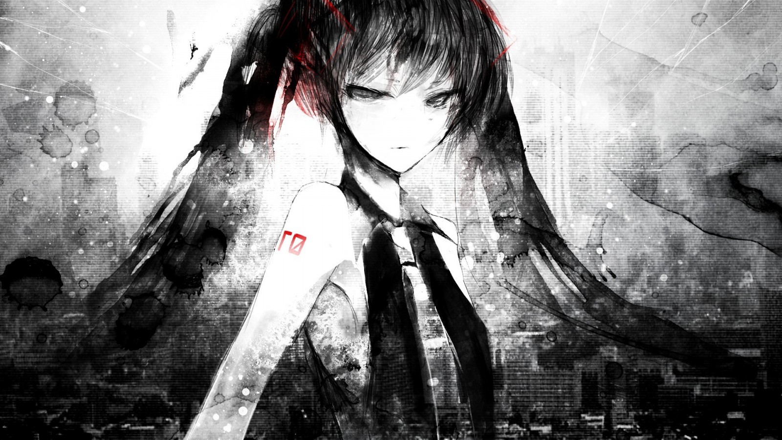 illustration, monokrom, anime, Vocaloid, Hatsune Miku, twintails, grå, mørke, 1920x1080 px, sort og hvid, monokrom fotografering