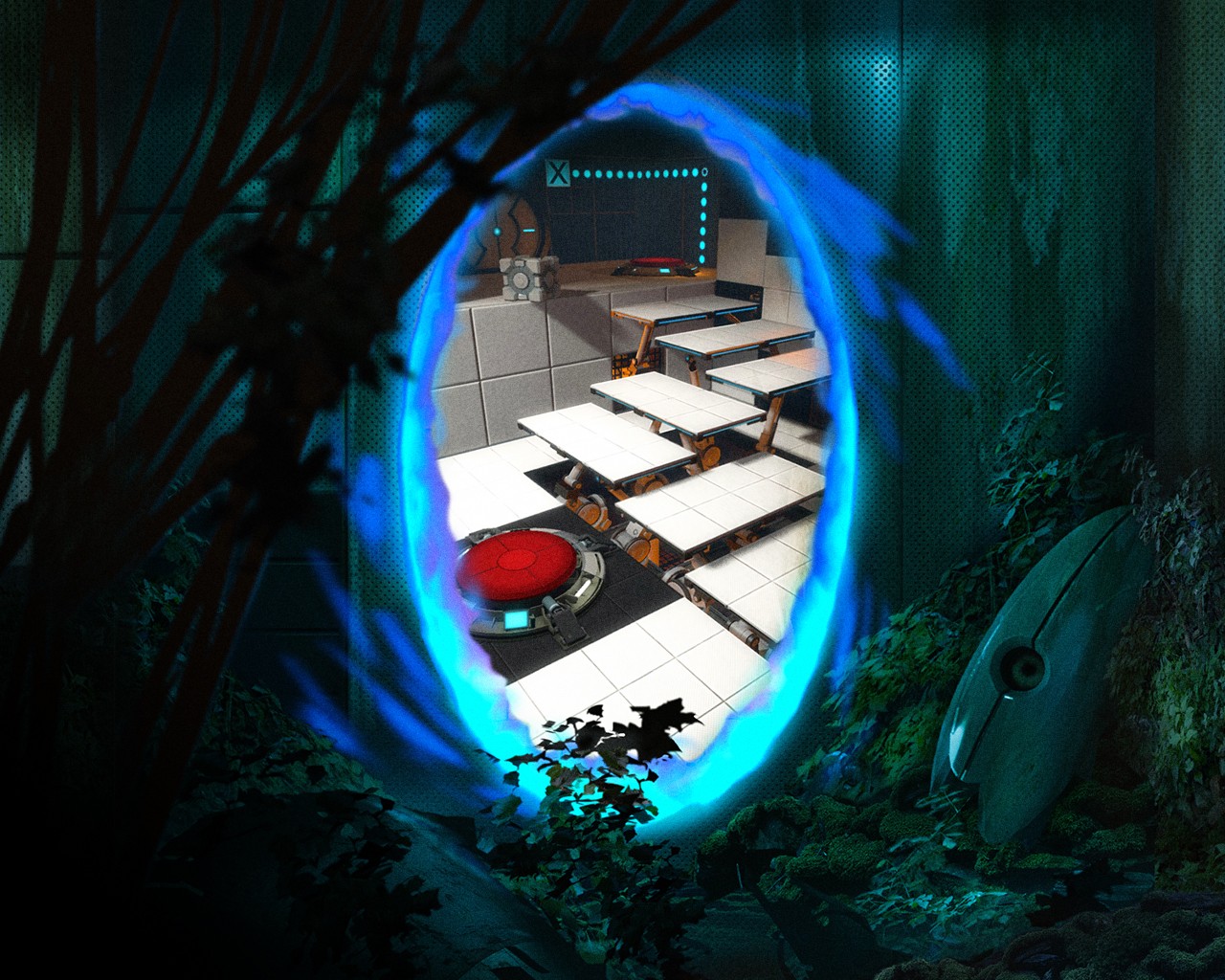 Wallpaper video games, night, space, reflection, blue, Portal game, light, darkness
