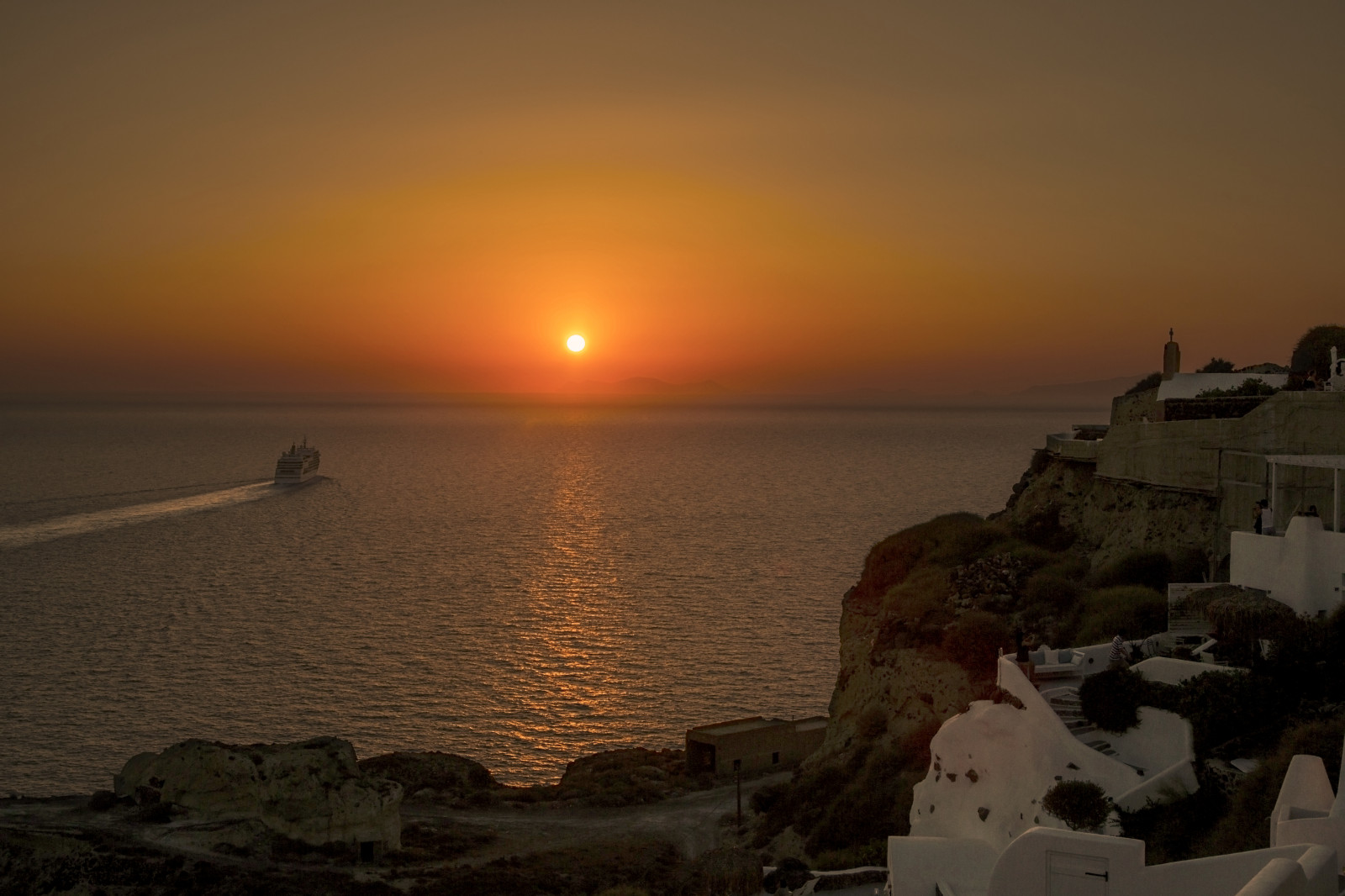 plavba, západ slunce, moře, slunce, loď, Santorini, oia, parník, konec dne