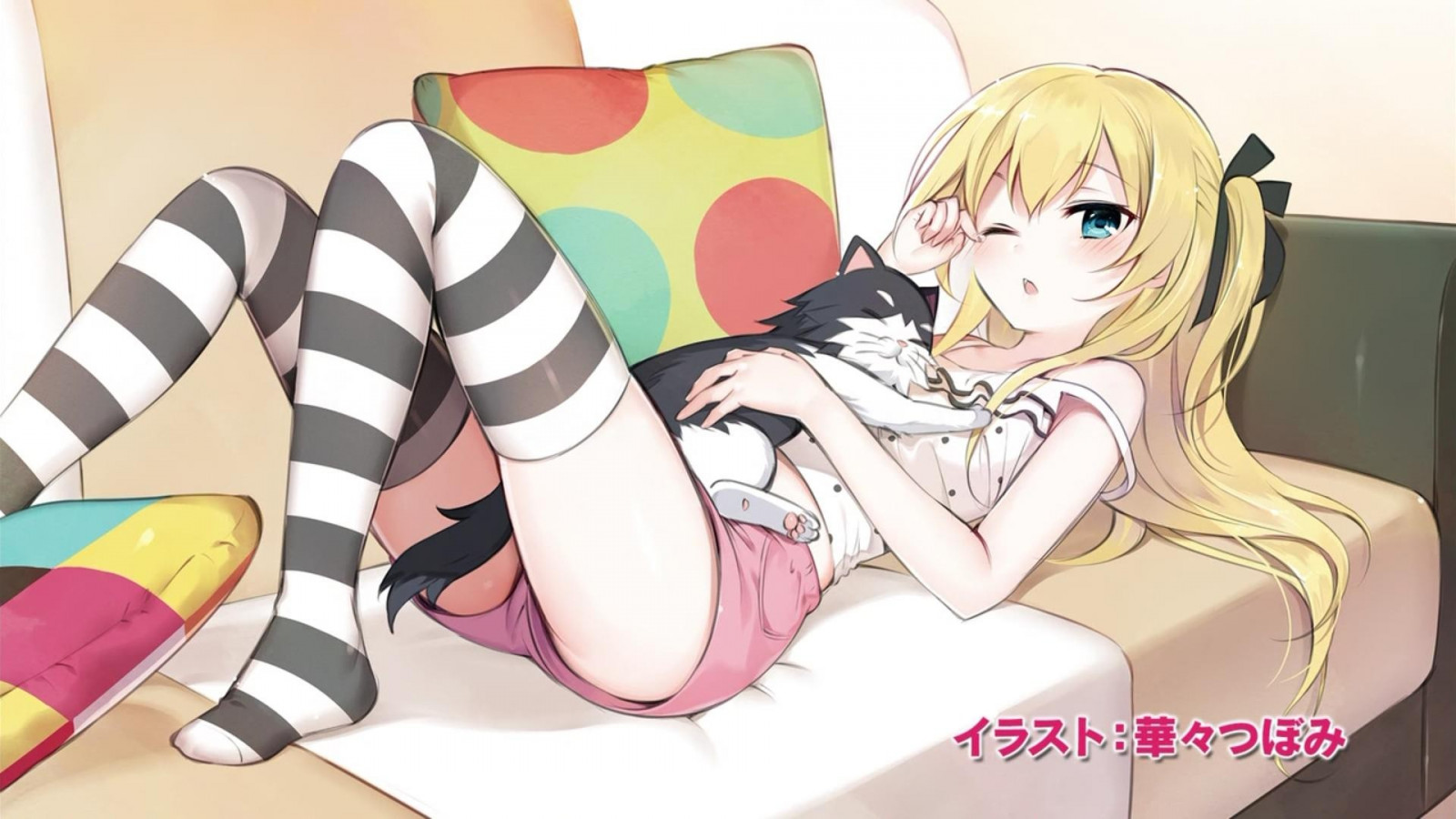 ilustrace, kočka, anime, anime dívky, loli, punčochy, kreslená pohádka, černé vlasy, pusa, Joukamachi no Dandelion, mangaka