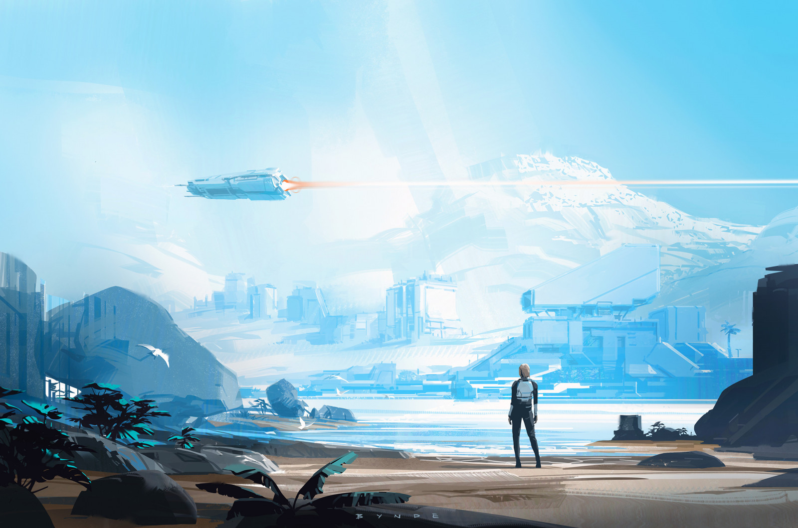 digitální, digitální umění, umělecká díla, náčrtky, futuristický, ilustrace, sci-fi, kosmická loď, záliv, krajina, Příroda