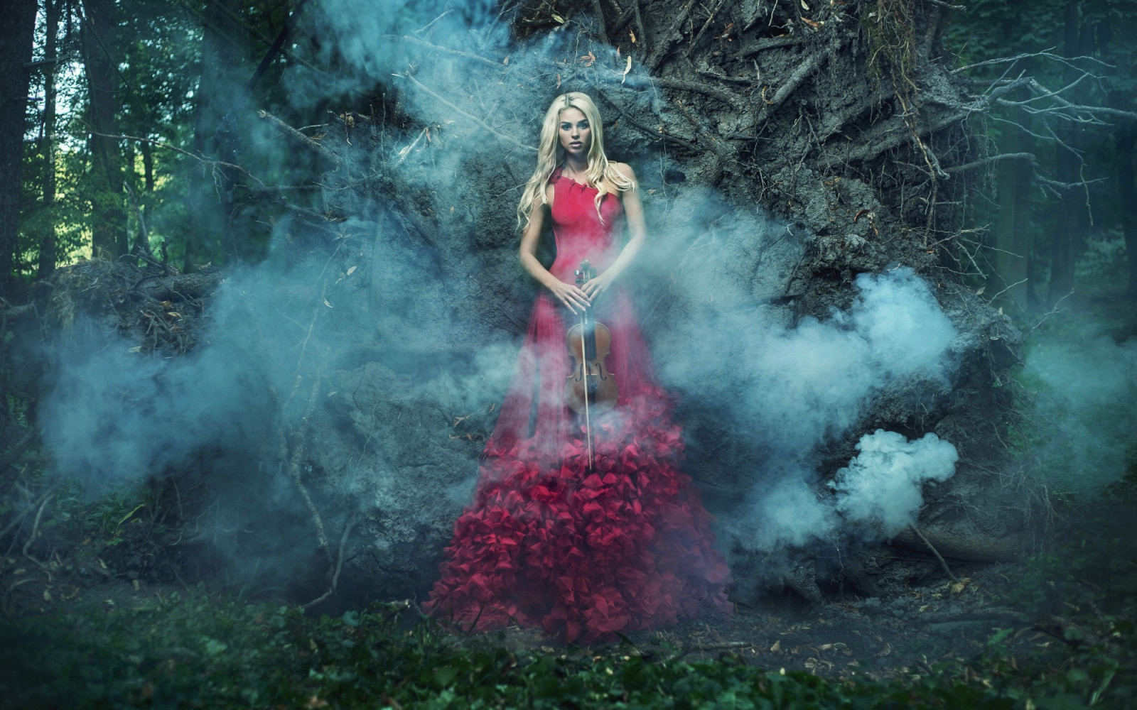 Skov, Kvinder, model, Fantasy kunst, natur, violin, jungle, mørke, skærmbillede, levested, computer tapet, fiktiv karakter, specielle effekter