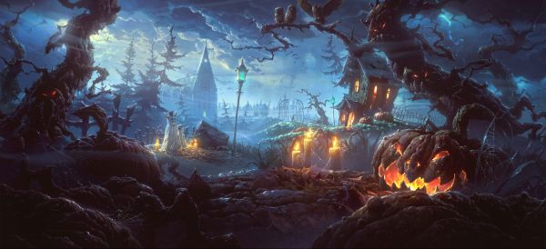 5000x2290 px,Calabazas,casa,Encantada,Halloween