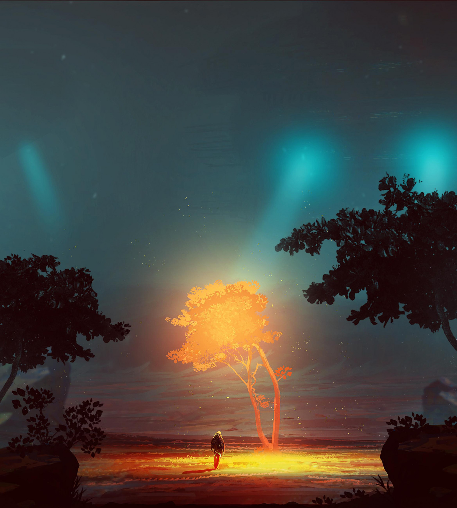 kosmická loď, stromy, astronaut, světla, tráva, prostor