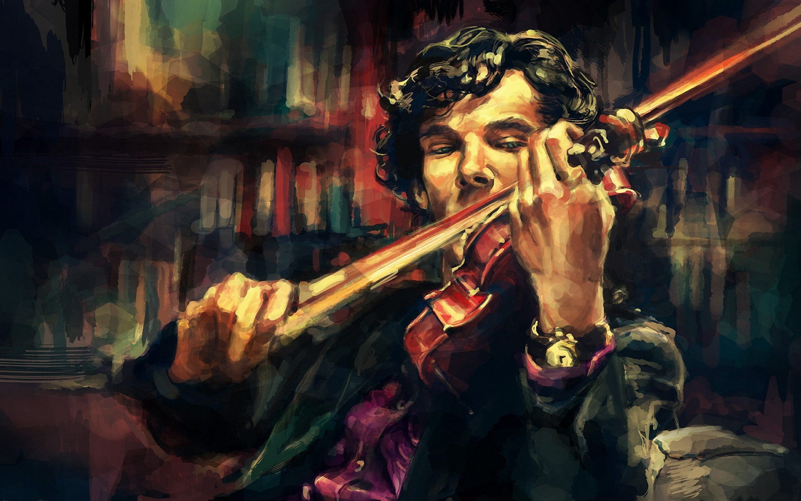 Sfondi anime, opera d'arte, violino, Benedict Cumberbatch, Sherlock
