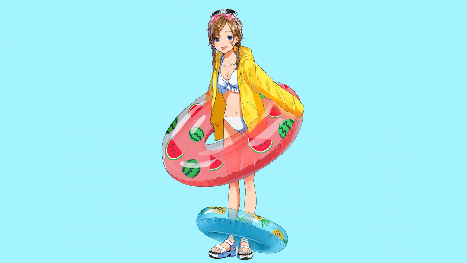 anime, manga, fete anime, fundal simplu, minimalismul, vară, plajă, costume de baie alb, colaci de salvare
