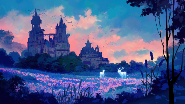 digital art,pastel,clouds,ArtStation,deer,sky