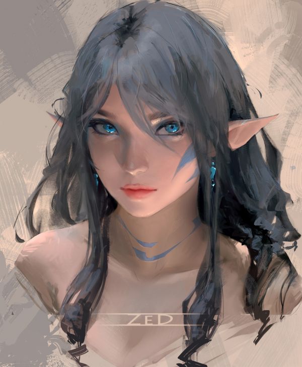Trungbui,drawing,portrait,elves,blue eyes,earring