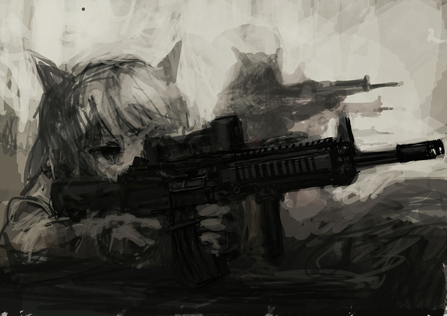 그림, 그림, 총, 단색화, 판타지 아트, 네코 미미, 애니메이션, 애니메이션 소녀들, 삽화, 병사, 스케치, 스크린 샷, 총기